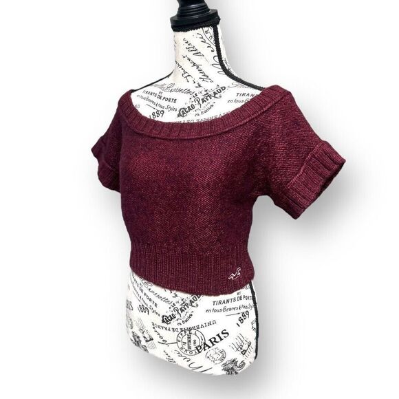 Hollister M Maroon Wool Blend Sweater Cropped Knit Boat Neck Short Sleeve Top - Picture 3 of 12
